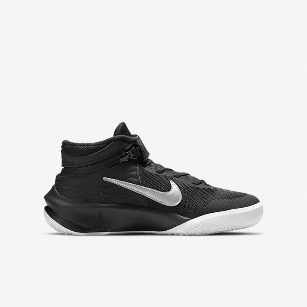 Nike Team Hustle D 10 FlyEase Older Basketbalove Tenisky Detske Čierne Biele Metal Strieborne | NK532HWE